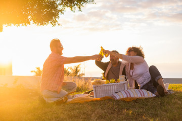 Group of friends people in outdoor leisure activity clinking with some beer bottles all together...