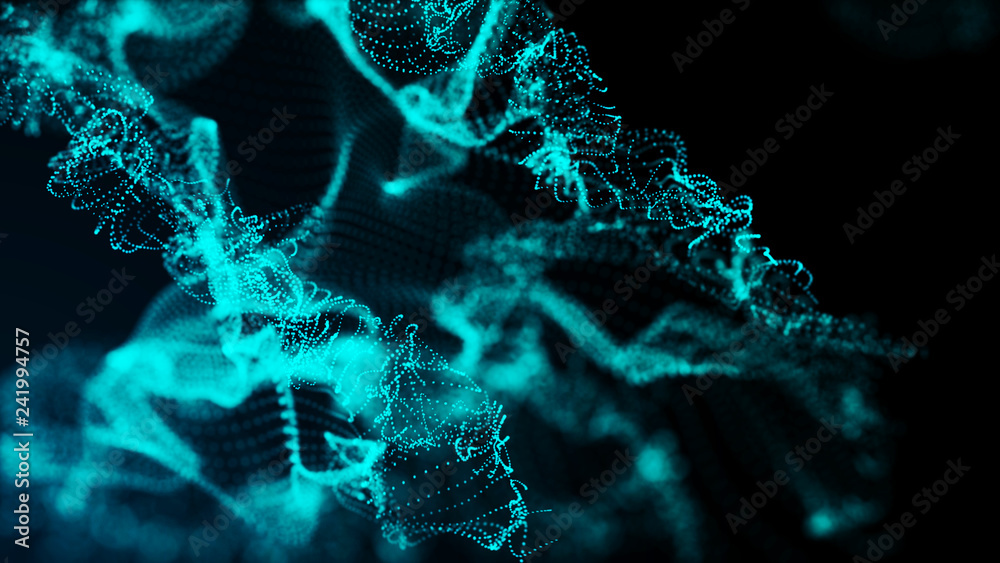 Poster futuristic dots pattern. explosion of twisted waves on a dark background. global network connection.