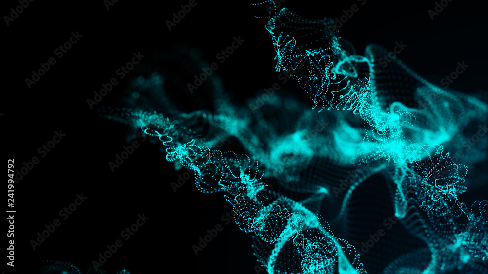 Poster futuristic dots pattern. explosion of twisted waves on a dark background. global network connection.