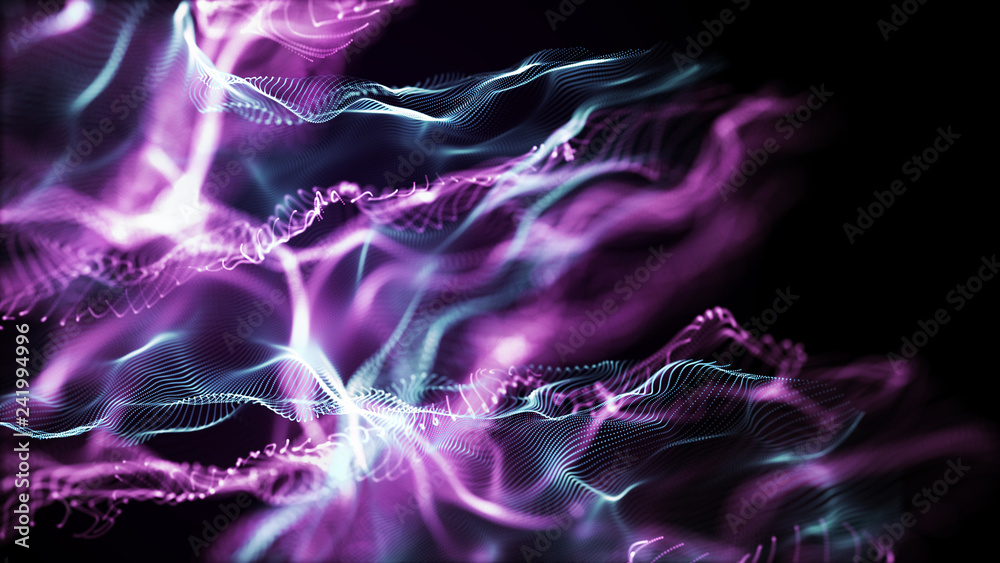 Poster futuristic dots pattern. explosion of twisted waves on a dark background. dynamic particles sound wa