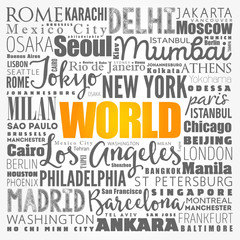 WORLD word cloud concept made with words cities names, business concept background