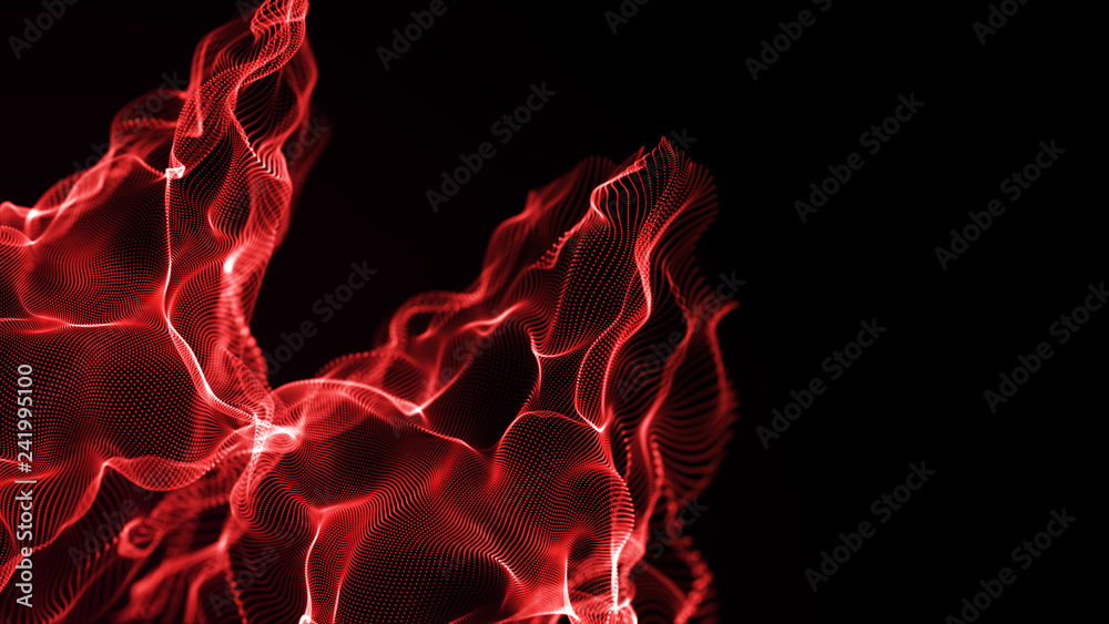 Poster futuristic dots pattern. explosion of twisted waves on a dark background. dynamic particles sound wa