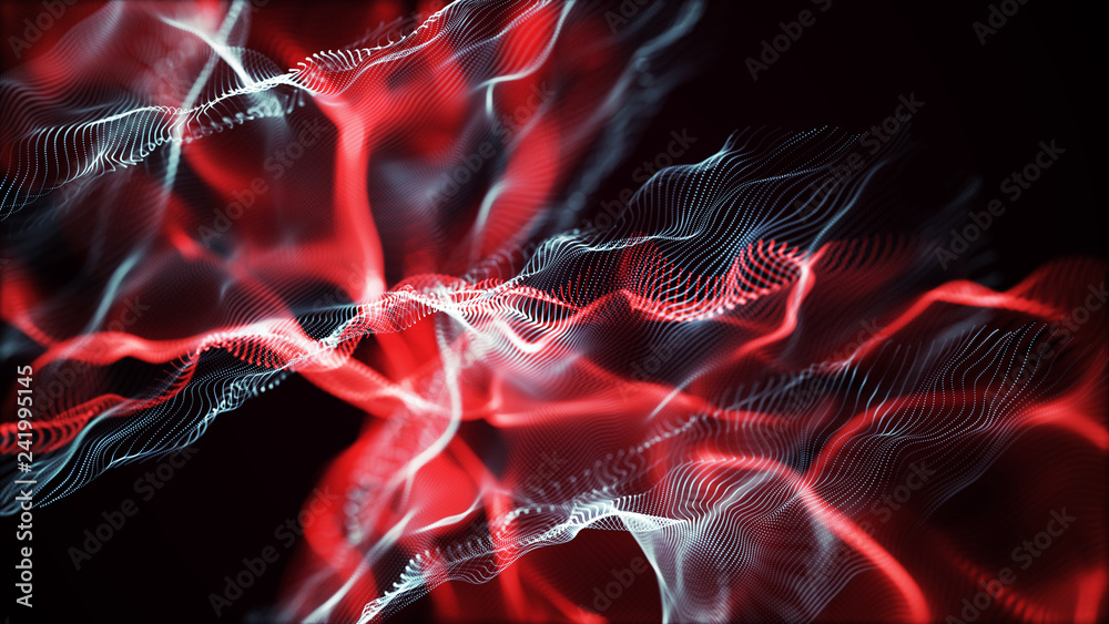 Poster futuristic dots pattern. explosion of twisted waves on a dark background. dynamic particles sound wa