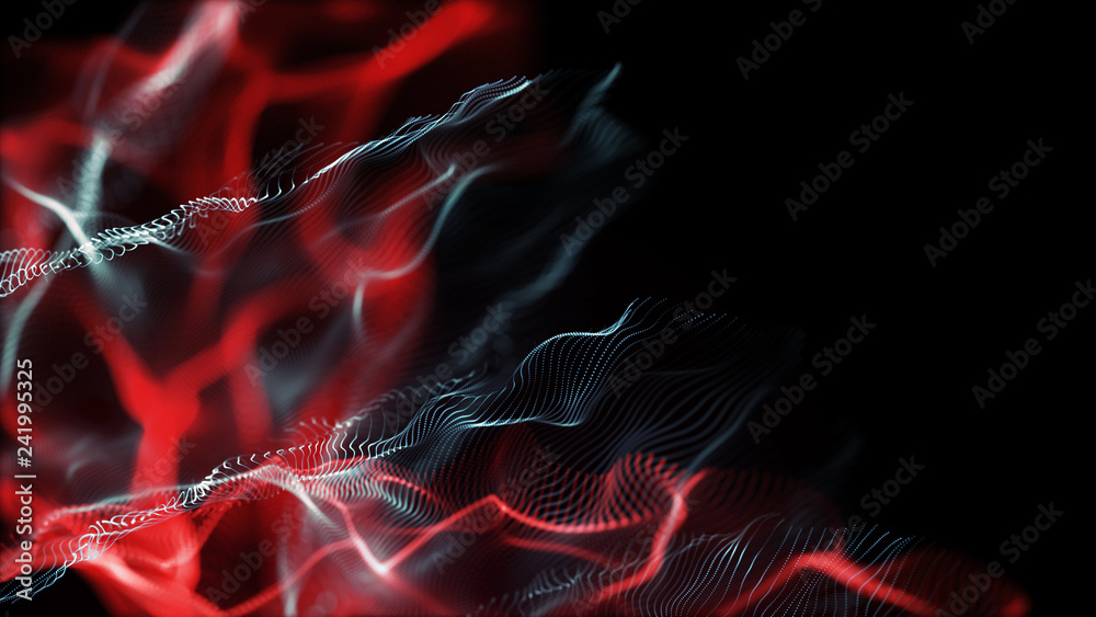 Poster futuristic dots pattern. explosion of twisted waves on a dark background. dynamic particles sound wa