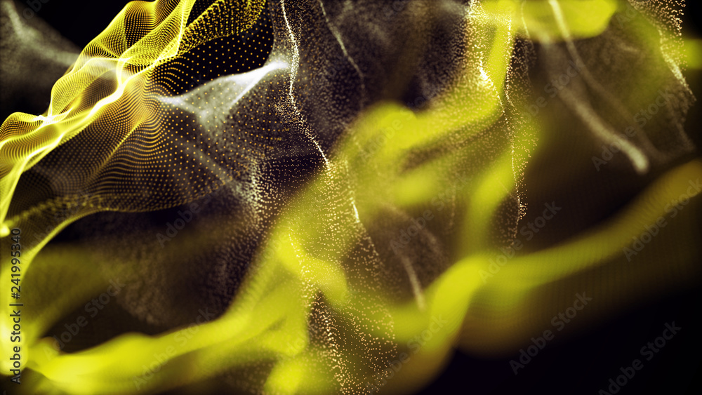Poster futuristic dots pattern. explosion of twisted waves on a dark background. dynamic particles sound wa