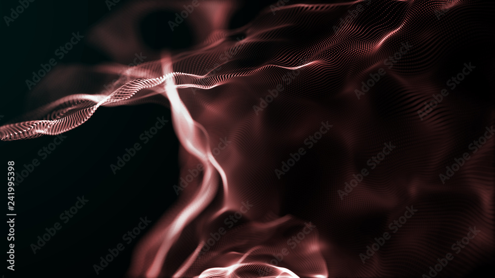 Poster futuristic dots pattern. explosion of twisted waves on a dark background. dynamic particles sound wa