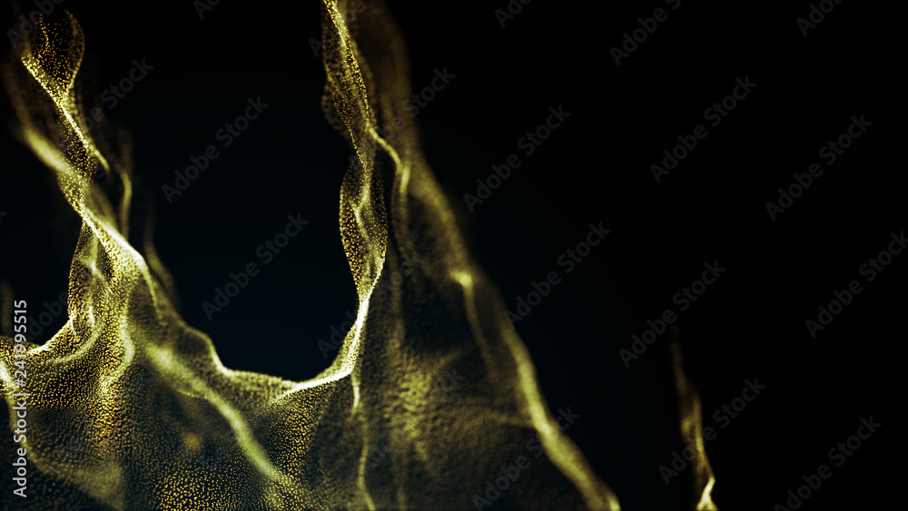 Poster futuristic dots pattern. explosion of twisted waves on a dark background. dynamic particles sound wa