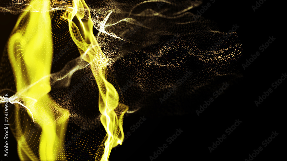Poster futuristic dots pattern. explosion of twisted waves on a dark background. dynamic particles sound wa