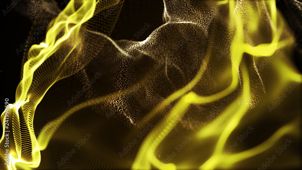 Poster futuristic dots pattern. explosion of twisted waves on a dark background. dynamic particles sound wa