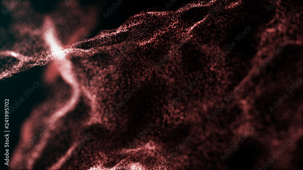 Poster futuristic dots pattern. explosion of twisted waves on a dark background. dynamic particles sound wa