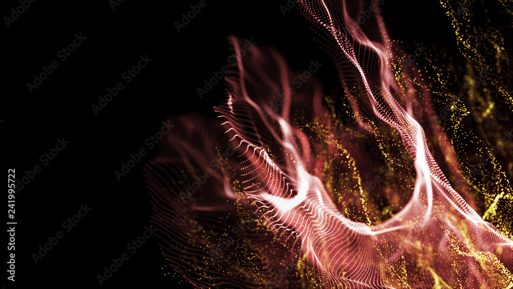 Poster futuristic dots pattern. explosion of twisted waves on a dark background. dynamic particles sound wa