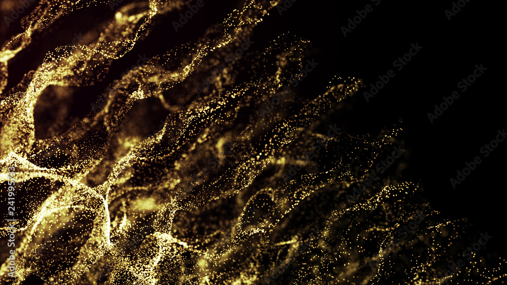 Poster Futuristic dots pattern. Explosion of twisted waves on a dark background. Dynamic particles sound wave flowing over dark. Big data. 3d rendering.