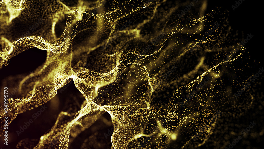Poster futuristic dots pattern. explosion of twisted waves on a dark background. dynamic particles sound wa