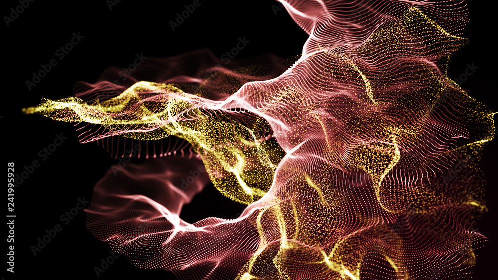 Poster futuristic dots pattern. explosion of twisted waves on a dark background. dynamic particles sound wa