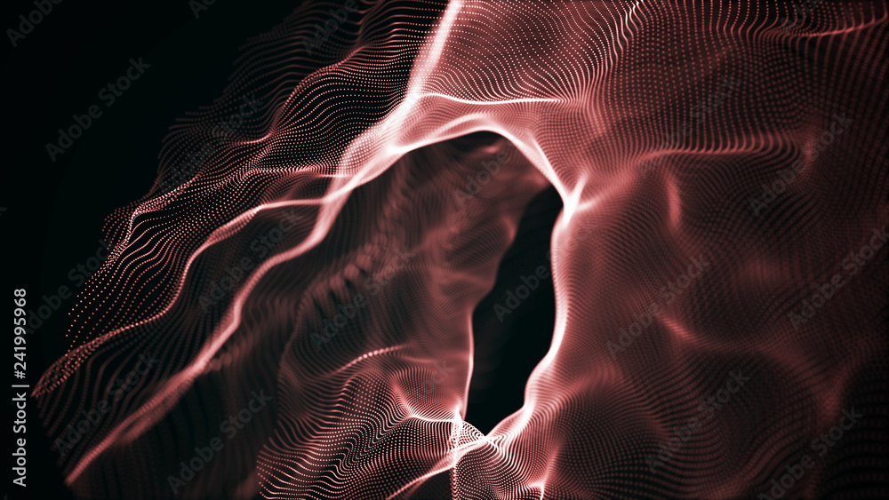 Poster futuristic dots pattern. explosion of twisted waves on a dark background. dynamic particles sound wa