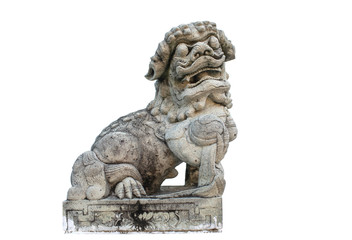 Isolated image of Carving stone lion in Chinese style is popular used to show around Buddhism temple in Thailand and Southeast Asia countries.