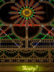 The word Thirsty on top of a mulled wine stall at a Christmas market in Switzerland