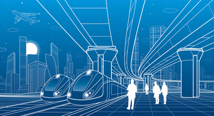 Two trains travel by rail. Modern night town. Urban scene. Big bridge. People walking at platform. Airplane fly. White lines on blue background. Vector design art