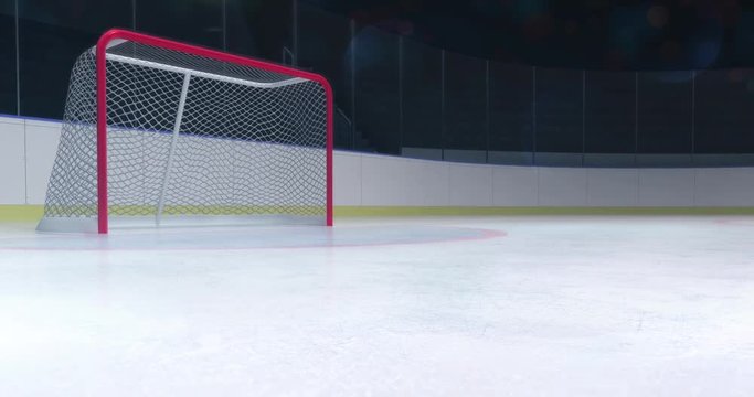 goal gate on ice rink zoom in and camera flash behind, ice hockey stadium indoor 4k footage empty space background with white end