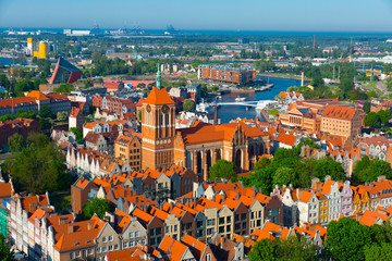 View from drone on summer cityscape of Gdansk