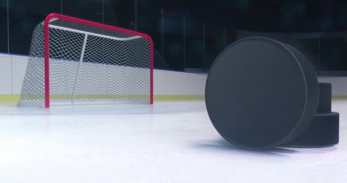 goal gate with hockey stick revelation zoom in and camera flash behind, ice hockey stadium indoor 4k footage advertisement background with white end