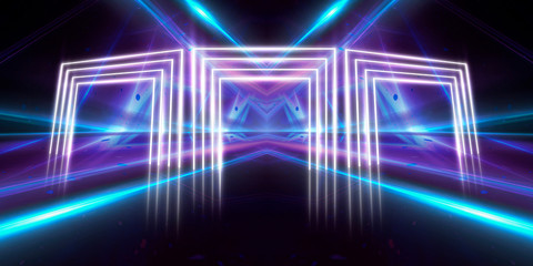 Abstract arch, neon light, rays. Abstraction of a blue background with red reflections.