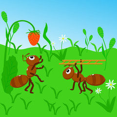 ants collect strawberries - vector  illustration, eps 