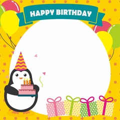 Birthday card design template with cute penguin vector 