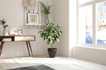White empty room with winter landscape in window. Scandinavian interior design. 3D illustration
