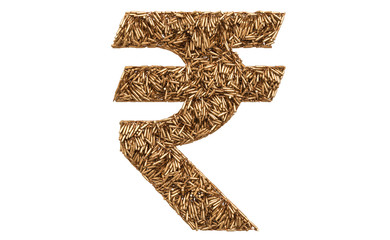 Rupee symbol from bullets, 3D rendering