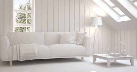 White room with sofa. Scandinavian interior design. 3D illustration