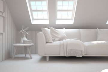 White room with sofa. Scandinavian interior design. 3D illustration