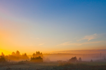 Obraz na płótnie Canvas A large blue dawn sky over a field covered with a yellow mist