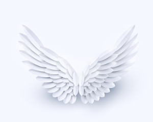 Vector 3d white realistic layered paper cut angel wings isolated on white background