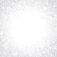 Vector falling silver glitter confetti dots rain. Sparkling glittering border isolated on white background. Party tinsels shimmer, holiday background design, festive frame