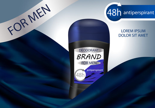 Long-lasting deodorant antiperspirant for men in black package. Vector illustration.