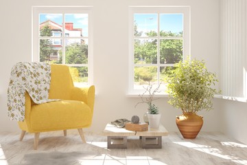 Idea of white room with armchair and summer landscape in window. Scandinavian interior design. 3D illustration