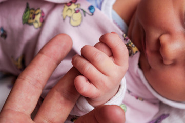 Newborn baby holding father's finger with small hand, close up view
