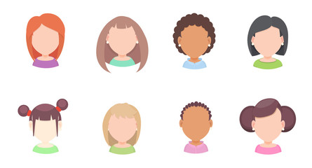 Set of vector portraits of women with different hairstyles in a flat style, for avatar in social networks