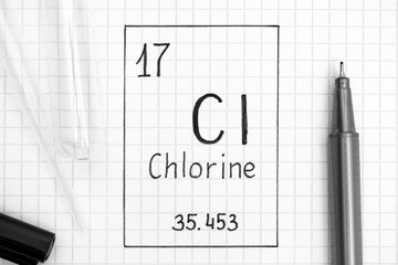 Handwriting chemical element Chlorine Cl with black pen, test tube and pipette.