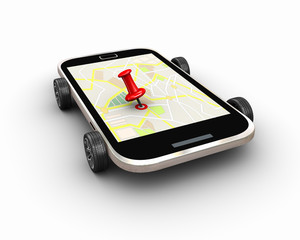 3d smart mobile phone on wheel map navigation