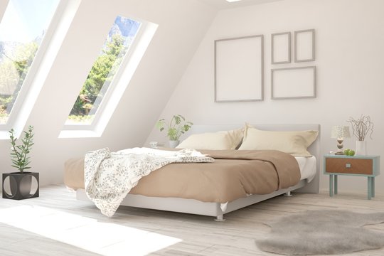 White bedroom with summer landscape in window. Scandinavian interior design. 3D illustration