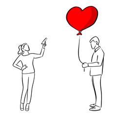woman trying to shoot the red heart shape balloon of a man vector illustration sketch doodle hand drawn with black lines isolated on white background. Broken heart concept.