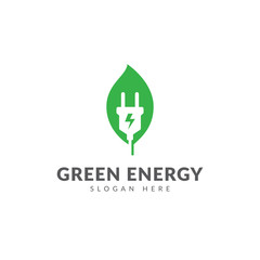 Green energy logo or icon vector design template with electric plugs and leaves