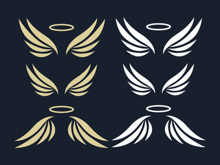 Elegant angel golden flying wings on black background. Flying angel with wing feather, golden linear winged