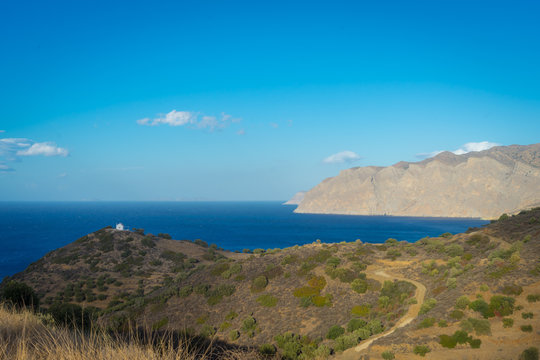 Agios Nikolaos, Crete - 09 29 2018: Panoramas of Mirabello Bay and the small port of Mohlos