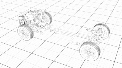 Working Car Internal Combustion Engine Scheme with chassis and wheels 3d render