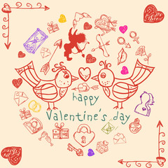 illustrations in the style of childrens Doodle on Valentines day, love, weddings, for the design and decoration of postcards banners, print and web, backgrounds and packages