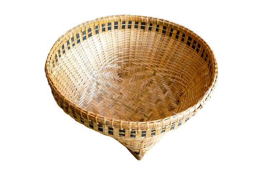 ฺBamboo basket, a basket made of bamboo weave by Thai craftsmen, isolated on white background