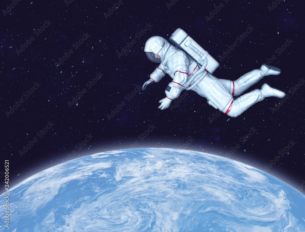 Wall mural astronaut in space, planet earth in background. elements of this image furnished by nasa. 3d renderi